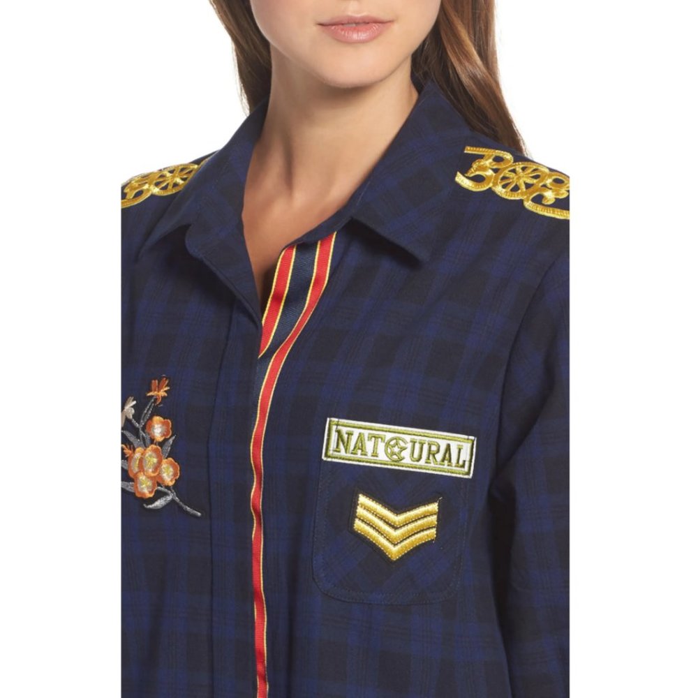 Sam Edelman Patch Embellished Plaid Sleep Shirt - Picture 3 of 14